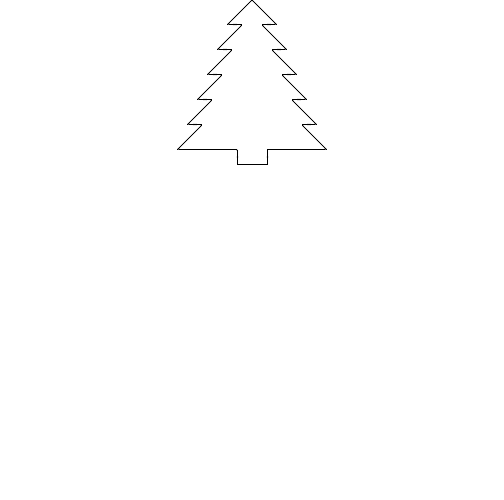 
\begin{picture}(500,500)
%leftside
\put(250,500){\line(-25,-25)}
\put(225,475){\line(15,0)}
\put(240,475){\line(-25,-25)}
\put(215,450){\line(15,0)}
\put(230,450){\line(-25,-25)}
\put(205,425){\line(15,0)}
\put(220,425){\line(-25,-25)}
\put(195,400){\line(15,0)}
\put(210,400){\line(-25,-25)}
\put(185,375){\line(15,0)}
\put(200,375){\line(-25,-25)}
\put(175,350){\line(60,0)}

%right side
\put(250,500){\line(25,-25)}
\put(275,475){\line(-15,0)}
\put(260,475){\line(25,-25)}
\put(285,450){\line(-15,0)}
\put(270,450){\line(25,-25)}
\put(295,425){\line(-15,0)}
\put(280,425){\line(25,-25)}
\put(305,400){\line(-15,0)}
\put(290,400){\line(25,-25)}
\put(315,375){\line(-15,0)}
\put(300,375){\line(25,-25)}
\put(325,350){\line(-60,0)}

%stump
\put(235,350){\line(0,-15)}
\put(265,350){\line(0,-15)}
\put(235,335){\line(30,0)}

\end{picture}

