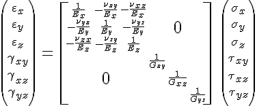 \normalsize         \left(\large\begin{array}{GC+23}         \varepsilon_x\\\varepsilon_y\\\varepsilon_z\\\gamma_{xy}\\         \gamma_{xz}\\\gamma_{yz}\end{array}\right)\ {\Large=}         \ \left[\begin{array}{CC}         \begin{array}\frac1{E_{\fs{+1}x}}         &amp; -\frac{\nu_{xy}}{E_{\fs{+1}x}}         &amp;-\frac{\nu_{\fs{+1}xz}}{E_{\fs{+1}x}}\\         -\frac{\nu_{yx}}{E_y}&amp;\frac1{E_{y}}&amp;-\frac{\nu_{yz}}{E_y}\\         -\frac{\nu_{\fs{+1}zx}}{E_{\fs{+1}z}}&amp;         -\frac{\nu_{zy}}{E_{\fs{+1}z}}         &amp;\frac1{E_{\fs{+1}z}}\end{array} &amp; {\LARGE 0} \\         {\LARGE 0} &amp; \begin{array}\frac1{G_{xy}}&amp;&amp;\\         &amp;\frac1{G_{\fs{+1}xz}}&amp;\\&amp;&amp;\frac1{G_{yz}}\end{array}         \end{array}\right]         \ \left(\large\begin{array}         \sigma_x\\\sigma_y\\\sigma_z\\\tau_{xy}\\\tau_{xz}\\\tau_{yz}         \end{array}\right)