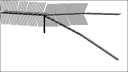 \begin{picture}(440,250)
(000,000){\line(440,000)}
(000,000){\line(000,250)}
(439,000){\line(000,250)}
(000,249){\line(440,000)}

(000,205;4,2;5){\line(150,-10)}
(000,206;3,2;2){\line(150,-10)}
(000,210;5,0;6){\line(8,40)}
(030,208;5,0;6){\line(8,40)}
(060,206;5,0;6){\line(10,40)}
(090,204;5,0;6){\line(12,40)}
(120,202;5,0;6){\line(12,40)}
(000,205;5,0;6){\line(8,-40)}
(030,203;5,0;6){\line(10,-40)}
(060,201;5,0;6){\line(10,-40)}
(090,199;5,0;6){\line(12,-40)}
(120,197;5,0;6){\line(15,-40)}

(150,195;3,2;3){\line(140,+7)}
(150,196;4,2;1){\line(140,+7)}
(150,195;4,0;10){\line(14,-38)}
(190,197;4,0;10){\line(15,-37)}
(230,199;4,0;15){\line(16,-36)}
(150,199;4,0;10){\line(15,38)}
(190,201;4,0;10){\line(16,37)}
(230,203;4,0;15){\line(16,36)}

(290,202;4,2;3){\line(120,-4)}
(290,203;2,2;1){\line(120,-4)}

(150,195;2,2;3){\line(130,-70)}
(151,196;4,2;2){\line(130,-70)}
(280,125;2,2;3){\line(125,-85)}
(281,126;4,2;2){\line(125,-85)}
(150,195;1,0;5){\line(0,-60)}
\end{picture}
