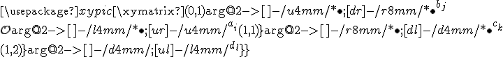 
\usepackage{xypic}
\xymatrix{
{} (0,1)} \ar@2{->}[]-/u 4mm/*{\bullet};[dr]-/r
8mm/*{\bullet}^{b_j} \\
{\mathcal{O}} \ar@2{->}[]-/l 4mm/*{\bullet};[ur]-/u 4mm/^{a_i} (1,1)} \ar@2{->}[]-/r 8mm/*{\bullet};
[dl]-/d 4mm/*{\bullet}^{c_k} \\
 {} (1,2)} \ar@2{->}[]-/d 4mm/;[ul]-/l 4mm/^{d_l} }}
