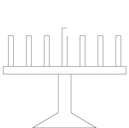 
\begin{picture}(500,500)
%base
\put(125,0){\line(100,60)}
\put(125,0){\line(250,0)}
\put(375,0){\line(-100,60)}
\put(225,60){\line(0,150)}
\put(275,60){\line(0,150)}

%cross
\put(10,210){\line(480,0)}
\put(10,240){\line(480,0)}
\put(10,210){\line(0,30)}
\put(490,210){\line(0,30)}

%center
\put(240,240){\line(0,150)}
\put(260,240){\line(0,120)}
\put(240,390){\line(20,0)}


%rest of candles
\put(170,240){\line(0,120)}
\put(190,240){\line(0,120)}
\put(170,360){\line(20,0)}

\put(100,240){\line(0,120)}
\put(120,240){\line(0,120)}
\put(100,360){\line(20,0)}

\put(30,240){\line(0,120)}
\put(50,240){\line(0,120)}
\put(30,360){\line(20,0)}

\put(330,240){\line(0,120)}
\put(310,240){\line(0,120)}
\put(310,360){\line(20,0)}

\put(400,240){\line(0,120)}
\put(380,240){\line(0,120)}
\put(380,360){\line(20,0)}

\put(470,240){\line(0,120)}
\put(450,240){\line(0,120)}
\put(450,360){\line(20,0)}

\end{picture}

