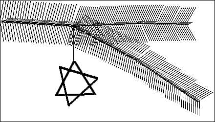 \begin{picture}(440,250)
(000,000){\line(440,000)}
(000,000){\line(000,250)}
(439,000){\line(000,250)}
(000,249){\line(440,000)}
(150,195;3,2;3){\line(140,+7)}
(150,196;4,2;1){\line(140,+7)}
(150,195;4,0;10){\line(14,-38)}
(190,197;4,0;10){\line(15,-37)}
(230,199;4,0;15){\line(16,-36)}
(150,199;4,0;10){\line(15,38)}
(190,201;4,0;10){\line(16,37)}
(230,203;4,0;15){\line(16,36)}
(000,205;4,2;5){\line(150,-10)}
(000,206;3,2;2){\line(150,-10)}
(000,210;5,0;6){\line(8,40)}
(030,208;5,0;6){\line(8,40)}
(060,206;5,0;6){\line(10,40)}
(090,204;5,0;6){\line(12,40)}
(120,202;5,0;6){\line(12,40)}
(000,205;5,0;6){\line(8,-40)}
(030,203;5,0;6){\line(10,-40)}
(060,201;5,0;6){\line(10,-40)}
(090,199;5,0;6){\line(12,-40)}
(120,197;5,0;6){\line(15,-40)}
(290,202;4,2;3){\line(96,-3)}
(290,203;2,2;1){\line(96,-3)}
(290,201;4,0;8){\line(17,-35)}
(322,200;4,0;8){\line(18,-34)}
(354,199;4,0;8){\line(19,-32)}
(290,205;4,0;8){\line(17,35)}
(322,204;4,0;8){\line(18,34)}
(354,203;4,0;8){\line(19,32)}
(280,125;2,2;3){\line(125,-85)}
(281,126;4,2;2){\line(125,-85)}
(280,125;4,-2;8){\line(-6,-35)}
(311,104;4,-2;8){\line(-6,-34)}
(342,083;4,-2;8){\line(-4,-33)}
(373,062;4,-2;10){\line(-2,-32)}
(282,127;4,-2;9){\line(26,20)}
(313,106;4,-2;9){\line(26,19)}
(344,085;4,-2;9){\line(26,18)}
(375,064;4,-2;10){\line(26,16)}
(150,195;2,2;3){\line(130,-70)}
(151,196;4,2;2){\line(130,-70)}
(150,195;4,-2;10){\line(-12,-35)}
(190,175;4,-2;10){\line(-10,-35)}
(230,155;4,-2;13){\line( -8,-35)}
(152,197;4,-2;10){\line(24,22)}
(192,177;4,-2;10){\line(25,22)}
(232,157;4,-2;13){\line(26,22)}
(150,195;1,0;2){\line(0,-70)}
(121,111;1,0;4){\line( 19,-79)}
(121,111;0,1;5){\line( 79,-24)}
(140,32;0,1;5){\line( 60,55)}
(112,53;1,0;5){\line( 38,72)}
(112,53;0,1;4){\line( 81,03)}
(150,125;1,0;5){\line( 43,-69)}
\end{picture}