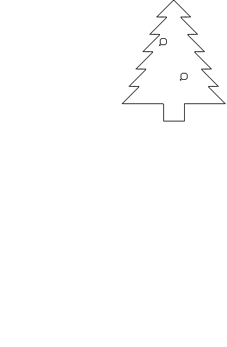 \begin{picture}(325,500)
%leftside
\put(250,500){\line(-25,-25)}
\put(225,475){\line(15,0)}
\put(240,475){\line(-25,-25)}
\put(215,450){\line(15,0)}
\put(230,450){\line(-25,-25)}
\put(205,425){\line(15,0)}
\put(220,425){\line(-25,-25)}
\put(195,400){\line(15,0)}
\put(210,400){\line(-25,-25)}
\put(185,375){\line(15,0)}
\put(200,375){\line(-25,-25)}
\put(175,350){\line(60,0)}
%right side
\put(250,500){\line(25,-25)}
\put(275,475){\line(-15,0)}
\put(260,475){\line(25,-25)}
\put(285,450){\line(-15,0)}
\put(270,450){\line(25,-25)}
\put(295,425){\line(-15,0)}
\put(280,425){\line(25,-25)}
\put(305,400){\line(-15,0)}
\put(290,400){\line(25,-25)}
\put(315,375){\line(-15,0)}
\put(300,375){\line(25,-25)}
\put(325,350){\line(-60,0)}
%stump
\put(235,350){\line(0,-25)}
\put(265,350){\line(0,-25)}
\put(235,325){\line(30,0)}
%ornaments
\put(235,440){\circle(10)}
\put(230,435){\circle(2)}
\put(265,390){\circle(10)}
\put(260,385){\circle(2)}
\end{picture}