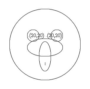 
	\begin{picture}(300,300)
	\put(150,150){\oval(240,240)}
\put(110,180){\oval(40,40)}
	\put(190,180){\oval(40,40)}
	\put(120,180){\oval*(20,20)}
	\put(180,180){\oval*(20,20)}
	\put(150,140){\oval(120,60)}
	\put(150,80){\line(0,10){30}}
	\put(150,110){\oval(40,100)}
\end{picture}
