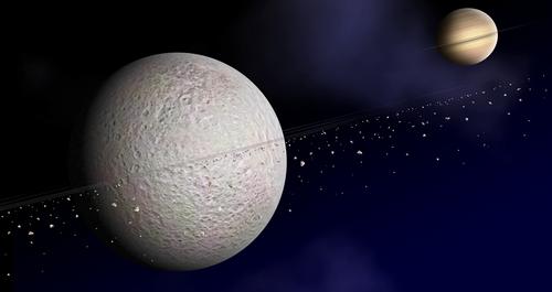 JPL Image: Artist’s impression of the rings around Rhea, a moon of Saturn.