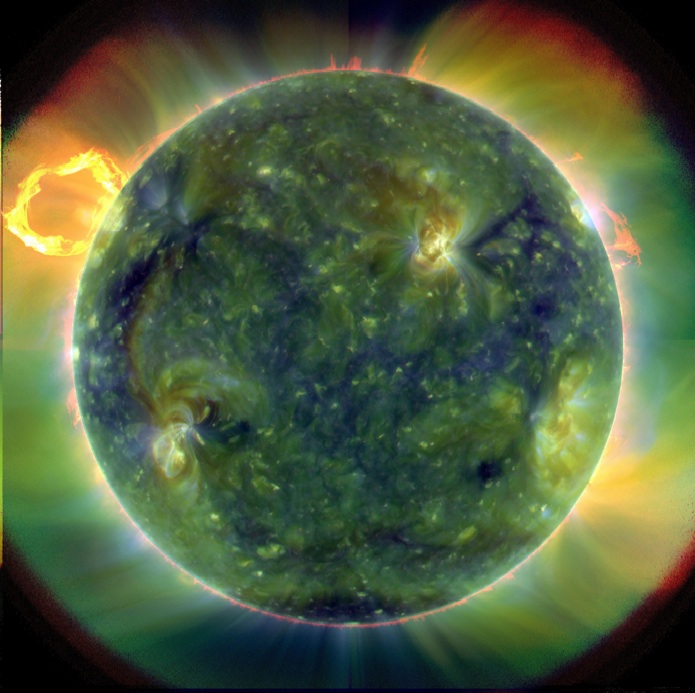 (From NASA:) A full-disk multiwavelength extreme ultraviolet image of the sun taken by SDO on March 30, 2010. False colors trace different gas temperatures. Reds are relatively cool (about 60,000 Kelvin, or 107,540 F); blues and greens are hotter (greater than 1 million Kelvin, or 1,799,540 F). Credit: NASA