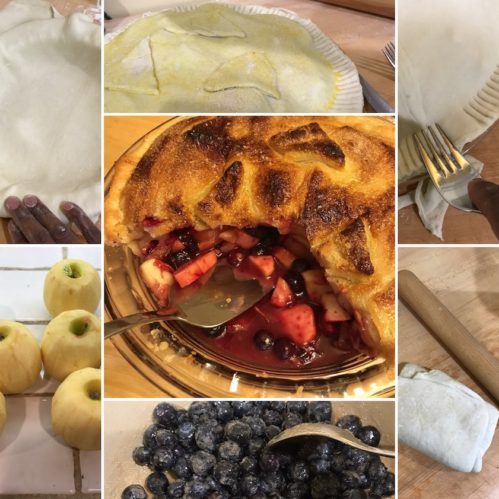 multi-panel picture of apple blueberry pie being made, and finished product.